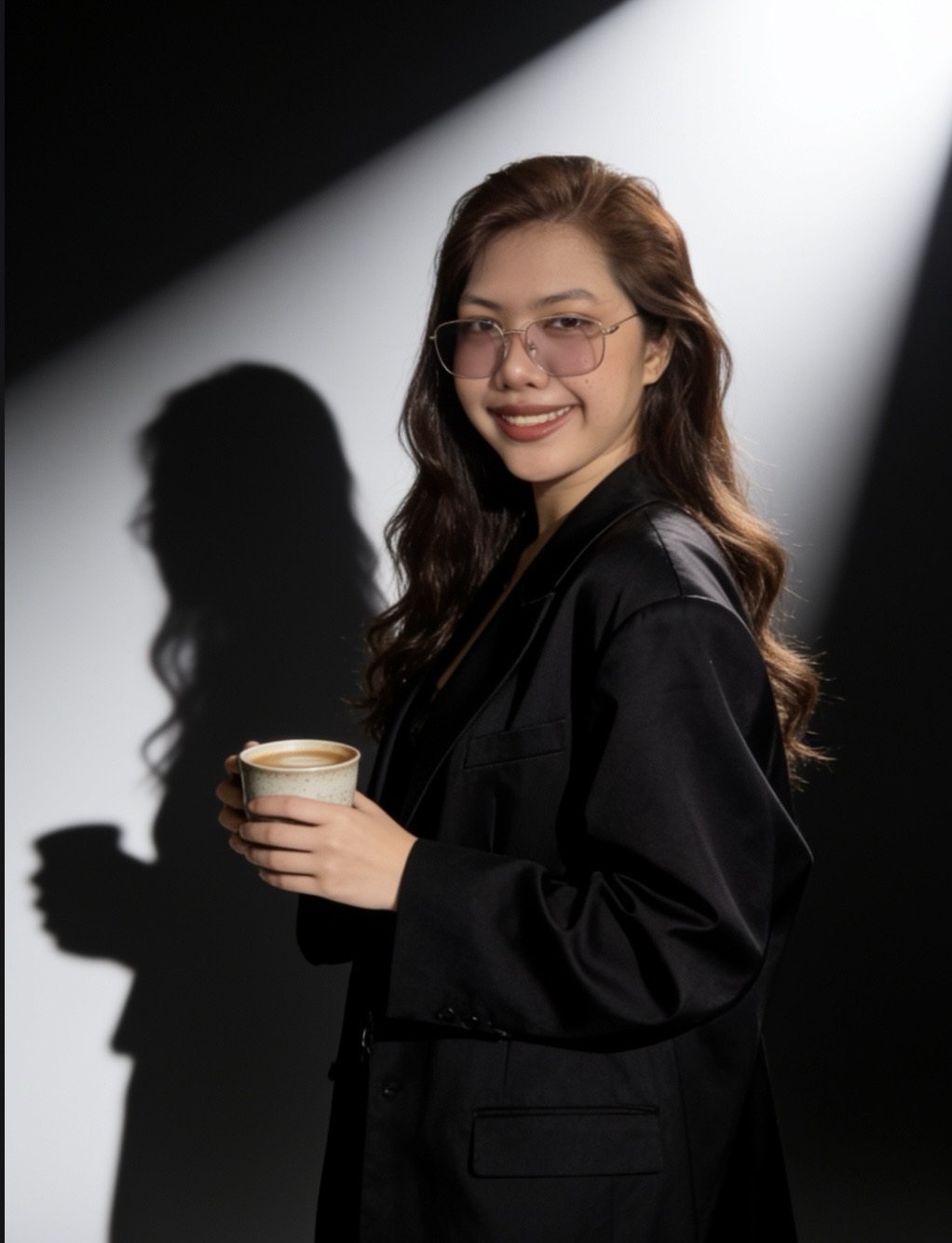 Catherine Villapando in a black blazer holding a coffee cup